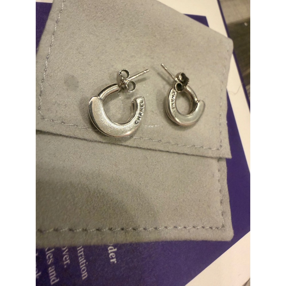 Chanel Sterling Silver 925 Small Hoop Earrings Engraved Logo Silver